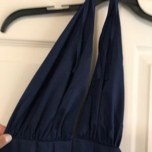 Long navy sheer halter dress with low back
